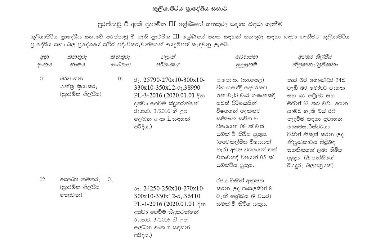 Heavy Vehicle Machine Operator, Sanitary Labourer, Watcher, Library attendant - Kuliyapitiya Pradeshiya Sabha